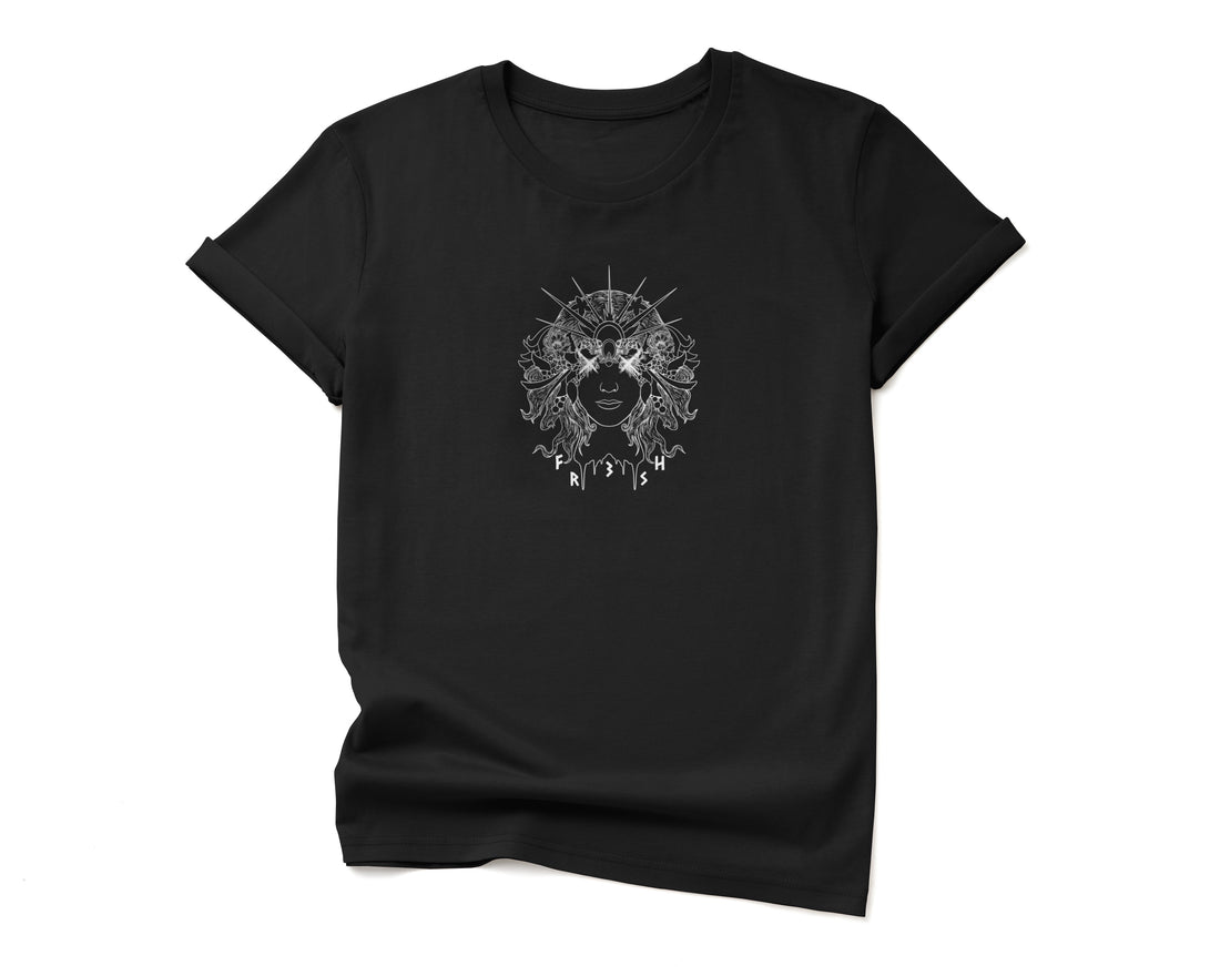 Black t-shirt, fr3sh x gaia t-shirt, Stanley/Stella creator t-shirt, greek mythology design, gaia greek mythology clothing, fr3sh x gaia design, sustainable t-shirt, ancient fashion, streetwear t-shirt