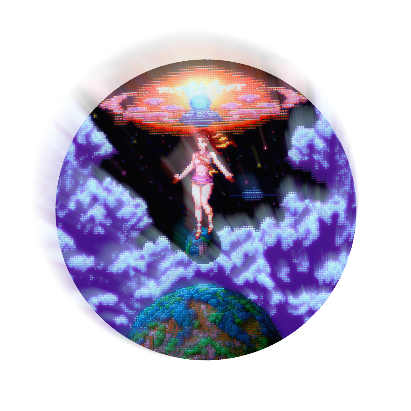 gaia in a human being form hovering in the air, planet as background behind gaia, AI, by fr3sh